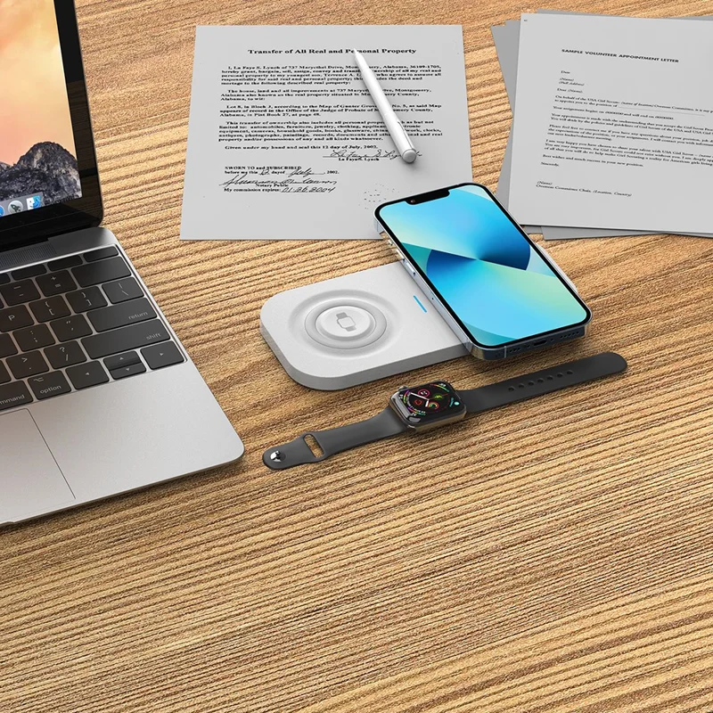 T2A 2-in-1 15W Wireless Charging Station for Apple Watch Series, Mobile Phone Wireless Charger - White