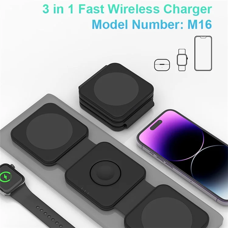 M16 3 em 1 Carregador Sem Fio Magnético de 15W para iPhone, AirPods, iWatch Pad de Carregamento Rápido Dobrável Compatível com MagSafe - Preto
