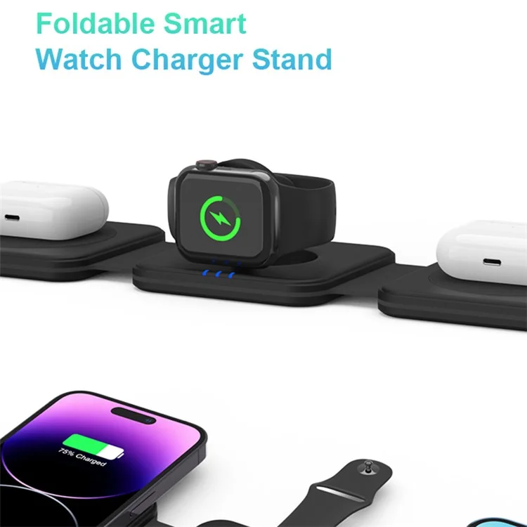 M16 3 em 1 Carregador Sem Fio Magnético de 15W para iPhone, AirPods, iWatch Pad de Carregamento Rápido Dobrável Compatível com MagSafe - Preto