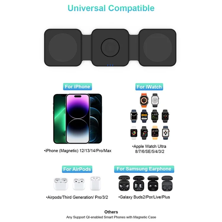 M16 3 em 1 Carregador Sem Fio Magnético de 15W para iPhone, AirPods, iWatch Pad de Carregamento Rápido Dobrável Compatível com MagSafe - Preto