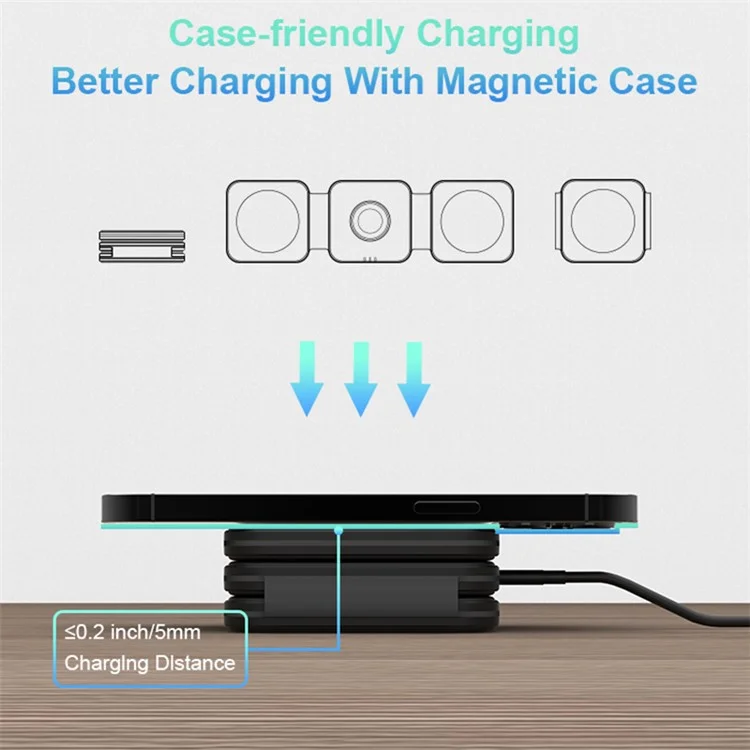 M16 3 em 1 Carregador Sem Fio Magnético de 15W para iPhone, AirPods, iWatch Pad de Carregamento Rápido Dobrável Compatível com MagSafe - Preto