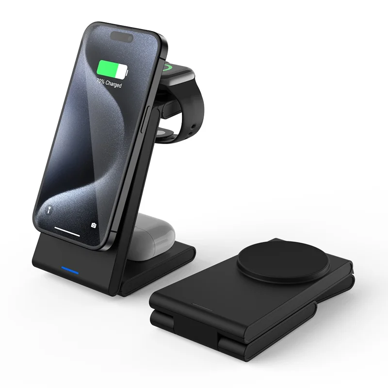 M10 Cargador inalámbrico magnético 3 en 1 para iPhone 12 / 13 / 14 / 15 Series Compatible con MagSafe 15W Estación de carga plegable - Negro