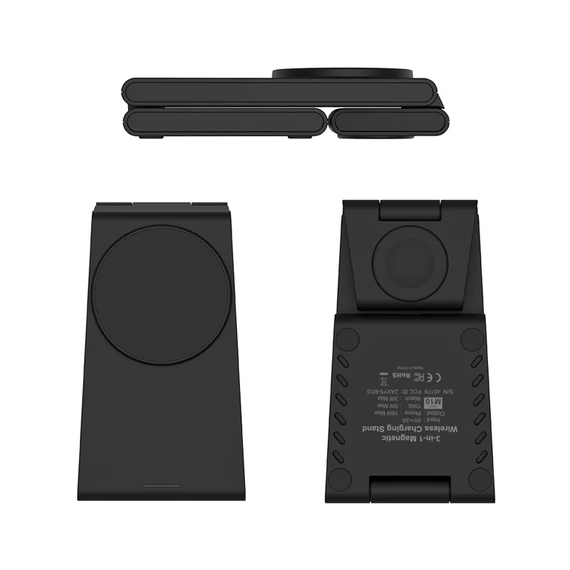 M10 Cargador inalámbrico magnético 3 en 1 para iPhone 12 / 13 / 14 / 15 Series Compatible con MagSafe 15W Estación de carga plegable - Negro
