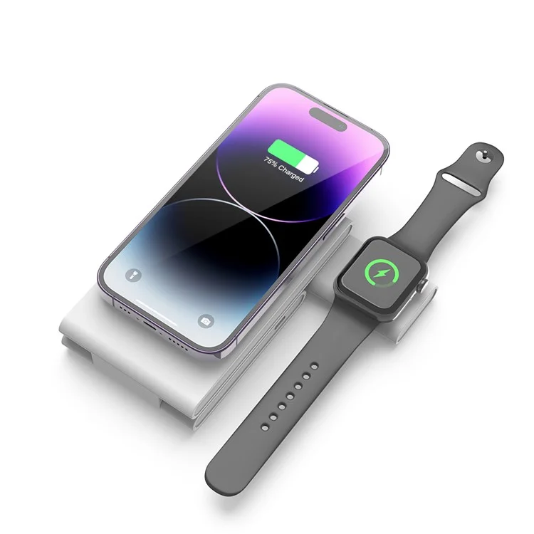 Складная подставка для зарядки M5 15 Вт для iPhone 12-15 / iWatch / AirPods, магнитная беспроводная зарядка (CE, FCC, RoHS, UKCA) - белая