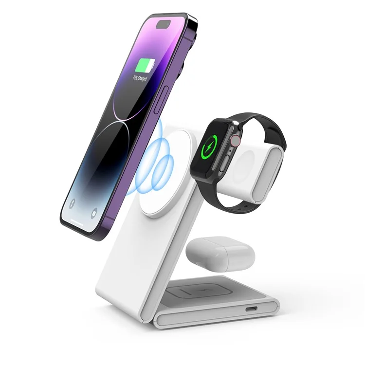 Складная подставка для зарядки M5 15 Вт для iPhone 12-15 / iWatch / AirPods, магнитная беспроводная зарядка (CE, FCC, RoHS, UKCA) - белая