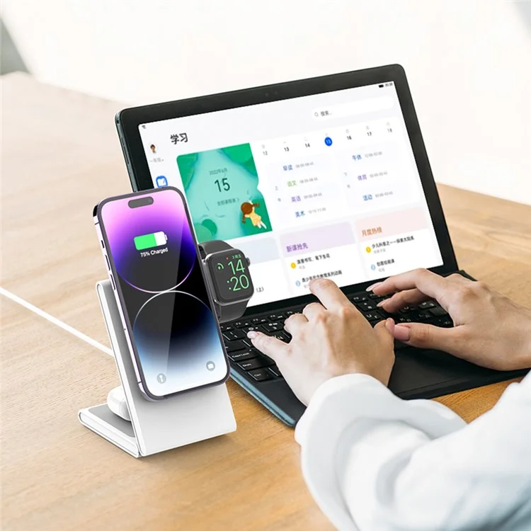 Складная подставка для зарядки M5 15 Вт для iPhone 12-15 / iWatch / AirPods, магнитная беспроводная зарядка (CE, FCC, RoHS, UKCA) - белая