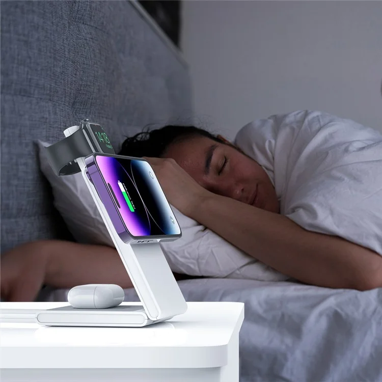 Складная подставка для зарядки M5 15 Вт для iPhone 12-15 / iWatch / AirPods, магнитная беспроводная зарядка (CE, FCC, RoHS, UKCA) - белая