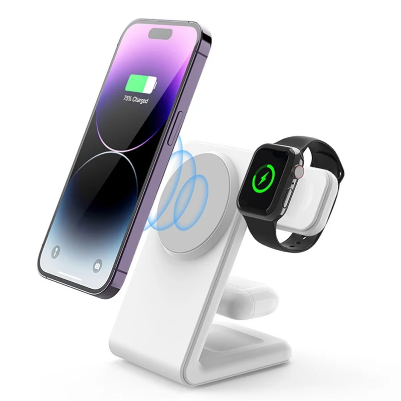 M7 Per iPhone 12-15 / iWatch / AirPods Caricatore Wireless Magnetico 3-in-1 Carica Rapida 15W Stand Supporto (CE, FCC, RoHS, UKCA) - Bianco