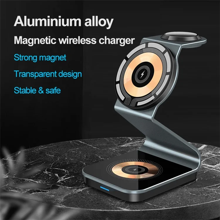 OJD-105 Z-Shape Charging Station for Mobile Phone / Headphone / Watch 3-in-1 Magnetic Wireless Charger with Indicator - Tarnish+Transparent