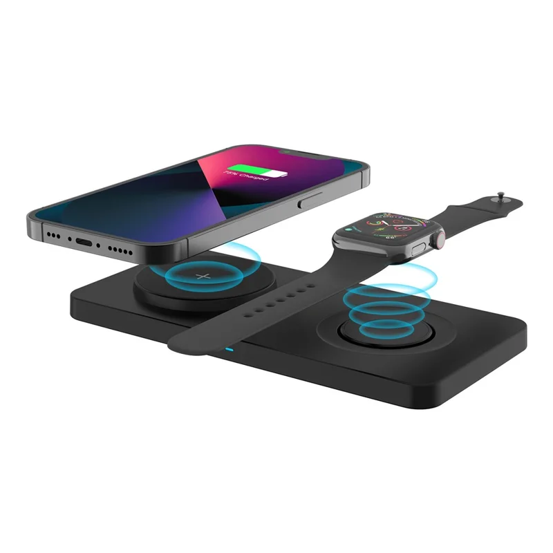 M13 2-in-1 Magnetic Wireless Charger Pad for AirPods / iPhone / Apple Watch (CE / FCC / ROHS / UKCA / IC-ID Certificate) - Black+Black Silicone