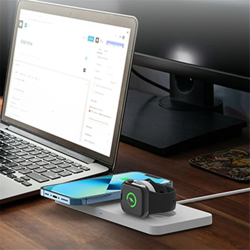 M13 2-in-1 Magnetic Wireless Charger Pad for AirPods / iPhone / Apple Watch (CE / FCC / ROHS / UKCA / IC-ID Certificate) - Black+Black Silicone