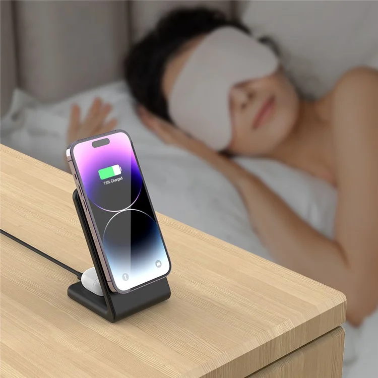 M2A 2-in-1 Magnetic Wireless Charger Vertical Charging Stand for AirPods Pro / iPhone (CE / FCC / ROHS / UKCA Certificate) - Black+Black Silicone