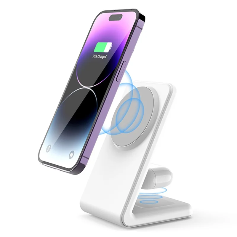 M2A 2-in-1 Magnetic Wireless Charger Vertical Charging Stand for AirPods Pro / iPhone (CE / FCC / ROHS / UKCA Certificate) - White+Grey Silicone