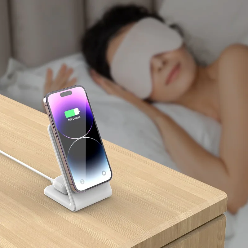 M2A 2-in-1 Magnetic Wireless Charger Vertical Charging Stand for AirPods Pro / iPhone (CE / FCC / ROHS / UKCA Certificate) - White+Grey Silicone