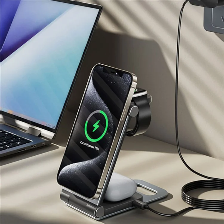 IFORCE T9 Dobrável 3 em 1 Carregador Sem Fio 15W de Mesa Para Celular, Fone de Ouvido, Assistência de Carregamento - Cinza Escuro