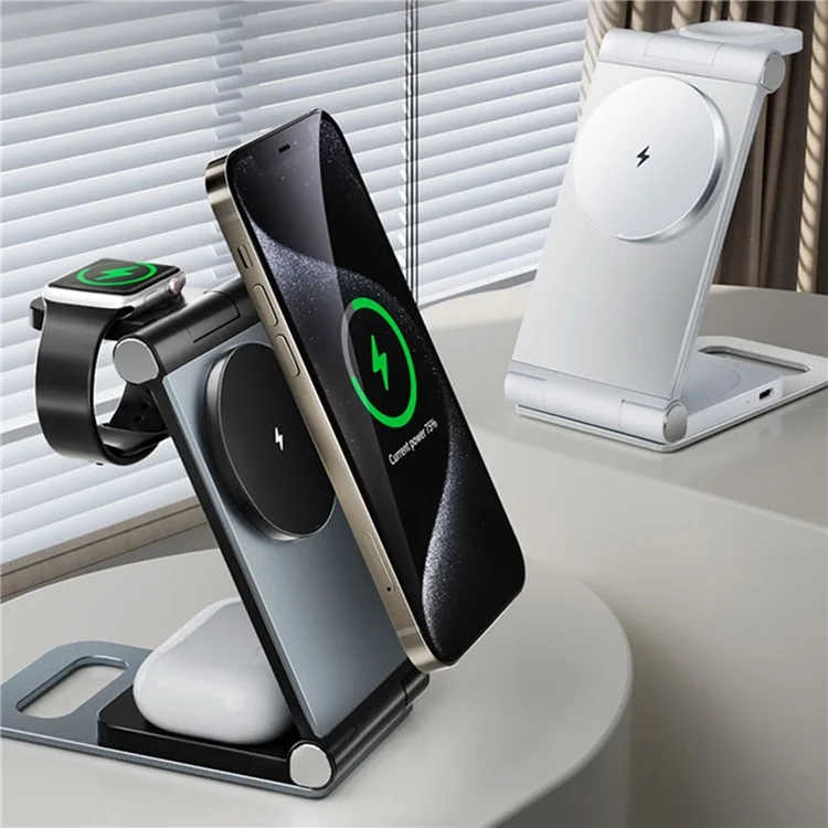 IFORCE T9 Faltbares 3-in-1 Desktop 15W Kabelloses Ladegerät für Mobiltelefon, Kopfhörer, Uhrenladegerät - Dunkelgrau