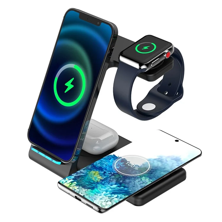 Carregador de mesa sem fio 4 em 1 para telefone / fones de ouvido / relógio inteligente (Qi / CE / FCC / ROHS / UKCA / Certificado PSE) - Preto