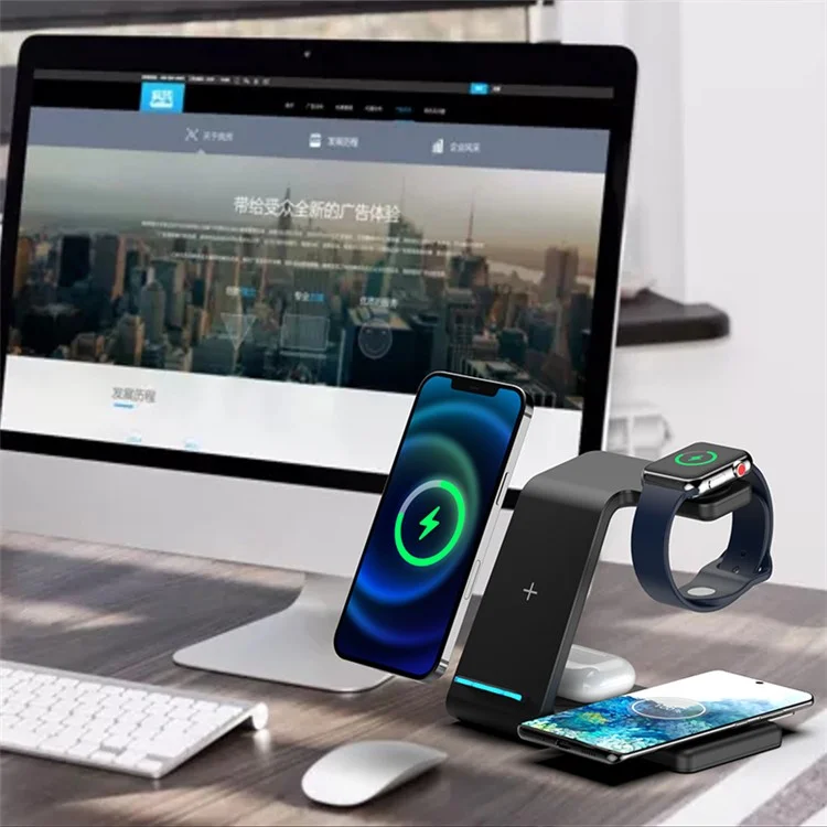 Carregador de mesa sem fio 4 em 1 para telefone / fones de ouvido / relógio inteligente (Qi / CE / FCC / ROHS / UKCA / Certificado PSE) - Preto