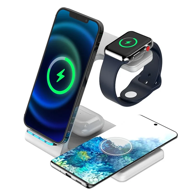 Caricatore da tavolo wireless 4 in 1 per telefono / auricolari / smartwatch (Qi / CE / FCC / ROHS / UKCA / Certificato PSE) - Bianco
