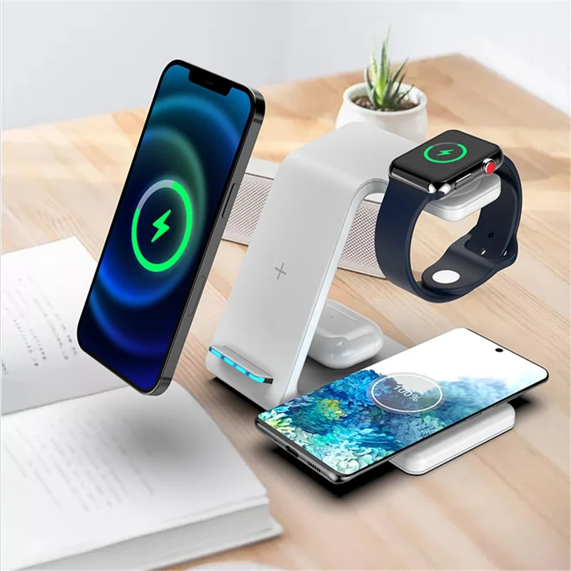 Caricatore da tavolo wireless 4 in 1 per telefono / auricolari / smartwatch (Qi / CE / FCC / ROHS / UKCA / Certificato PSE) - Bianco