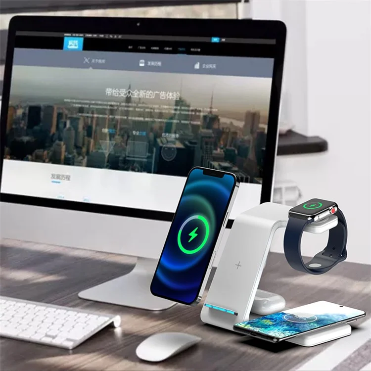Caricatore da tavolo wireless 4 in 1 per telefono / auricolari / smartwatch (Qi / CE / FCC / ROHS / UKCA / Certificato PSE) - Bianco