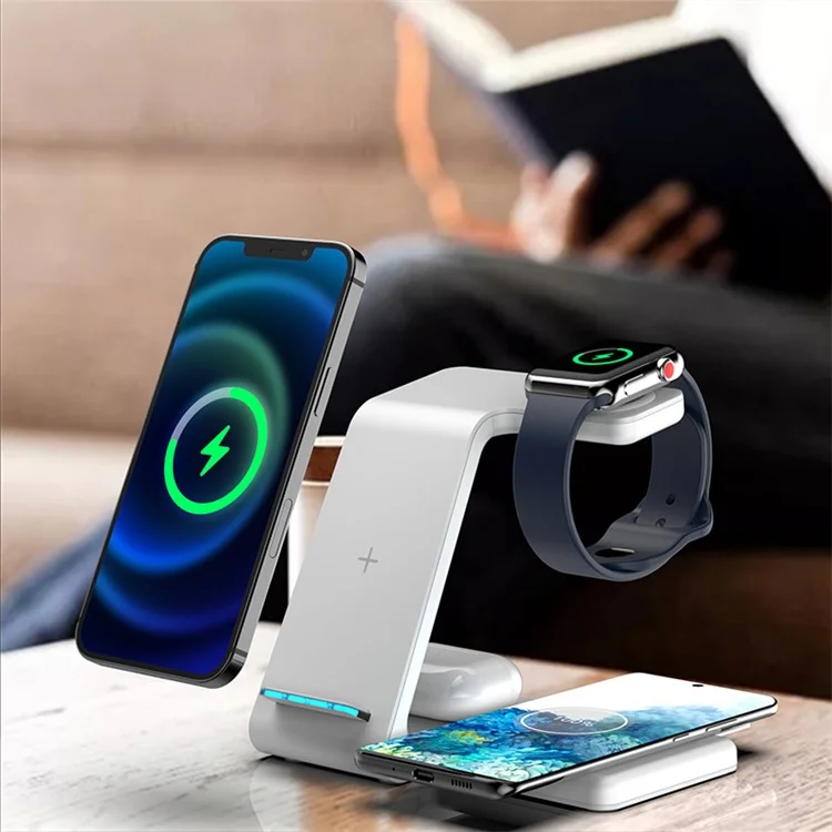 Caricatore da tavolo wireless 4 in 1 per telefono / auricolari / smartwatch (Qi / CE / FCC / ROHS / UKCA / Certificato PSE) - Bianco