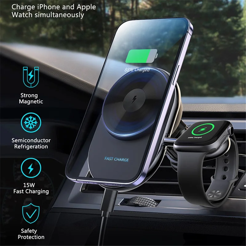 S17 Car Air Outlet Semiconductor Cooling Magnetic Wireless Charger for Apple Watch / iPhone 12-15