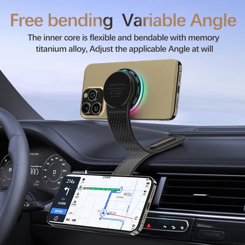 HS-X12 For iPhone 12-15 Series Bendable Car Dashboard Magnetic Phone Wireless Charger with RGB Light