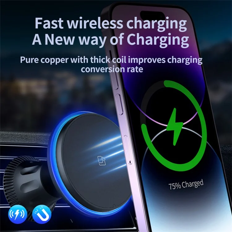 HS-X11 For iPhone 12-15 Series Car Magnetic Wireless Charger 15W Air Vent Mount Phone Charging Stand - Colorful Light