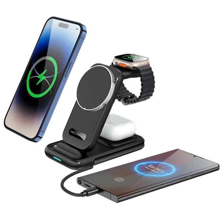 HS-V2 15W Caricabatterie Wireless Pieghevole Magnetico per Telefono Cellulare / Auricolari / Smartwatch - Nero