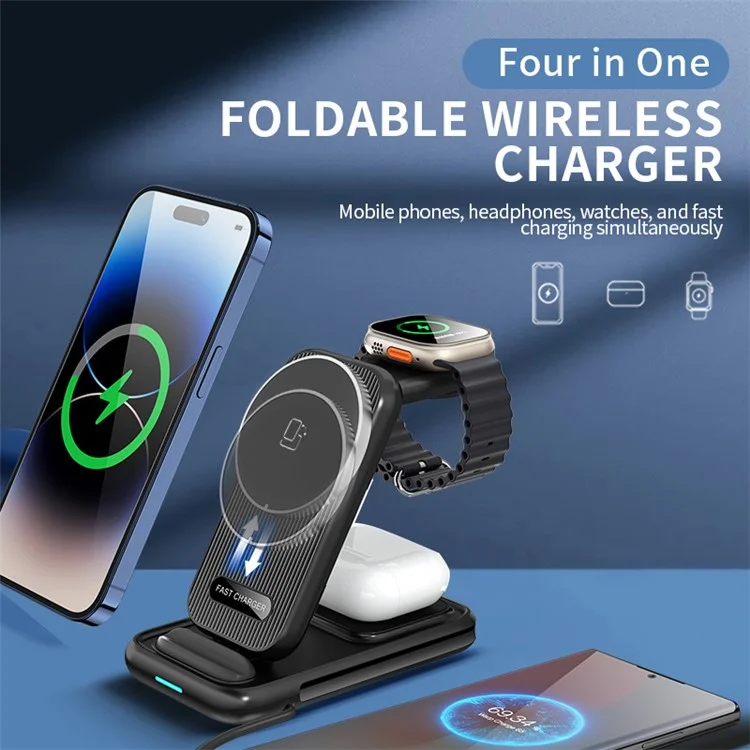 HS-V2 15W Caricabatterie Wireless Pieghevole Magnetico per Telefono Cellulare / Auricolari / Smartwatch - Nero