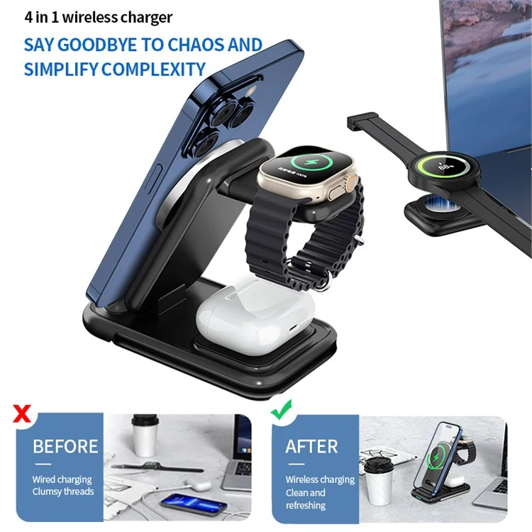 HS-V2 15W Caricabatterie Wireless Pieghevole Magnetico per Telefono Cellulare / Auricolari / Smartwatch - Nero