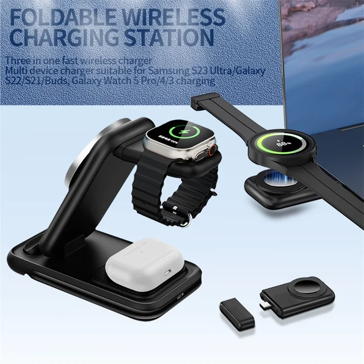 HS-V2 15W Caricabatterie Wireless Pieghevole Magnetico per Telefono Cellulare / Auricolari / Smartwatch - Nero