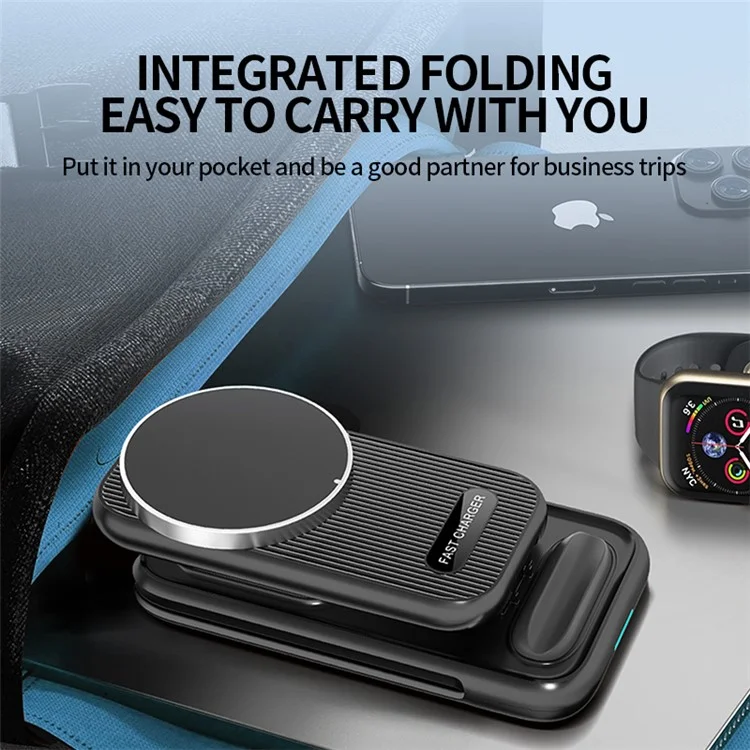 HS-V2 15W Caricabatterie Wireless Pieghevole Magnetico per Telefono Cellulare / Auricolari / Smartwatch - Nero