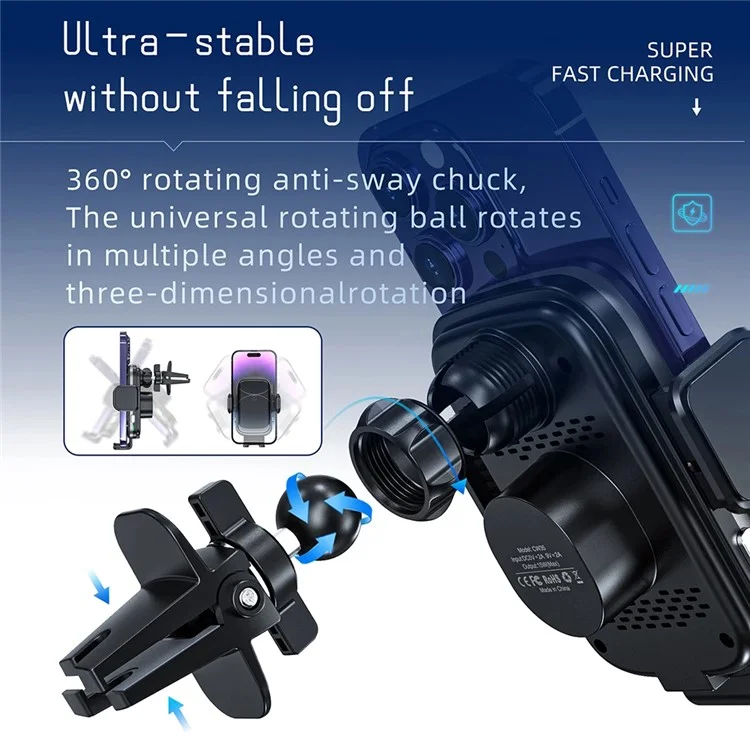CW35 15W Car Vent Wireless Charger with Automatic Touch Sensing Phone Holder (Versione Standard)