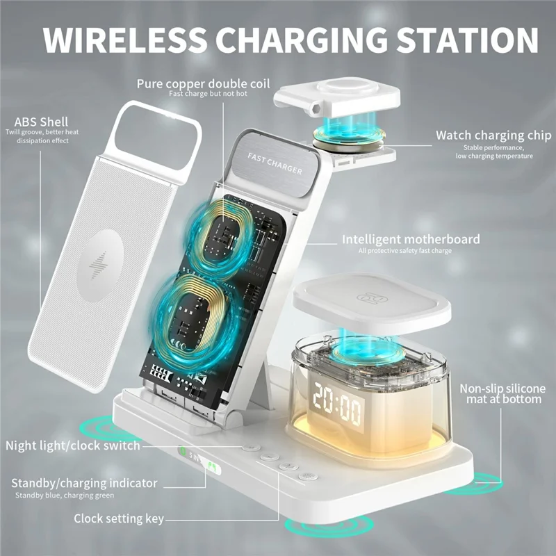 HYY-H33 5 in 1 15W Wireless Charger Folding Charging Station with Night Light - White
