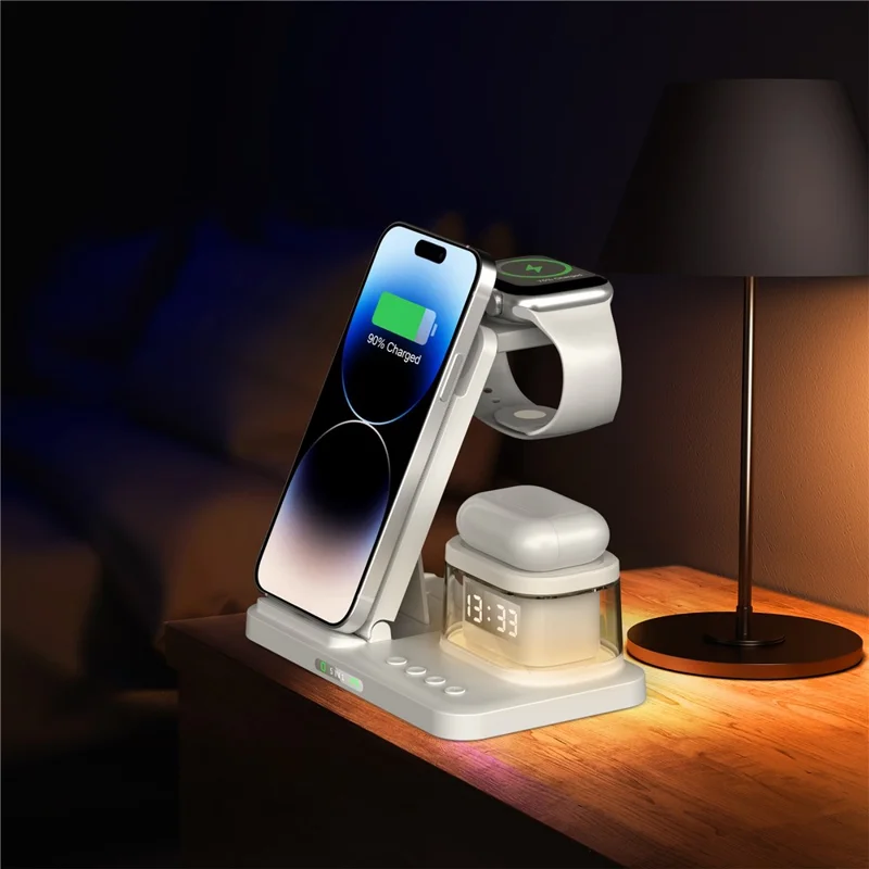 HYY-H33 5 in 1 15W Wireless Charger Folding Charging Station with Night Light - White