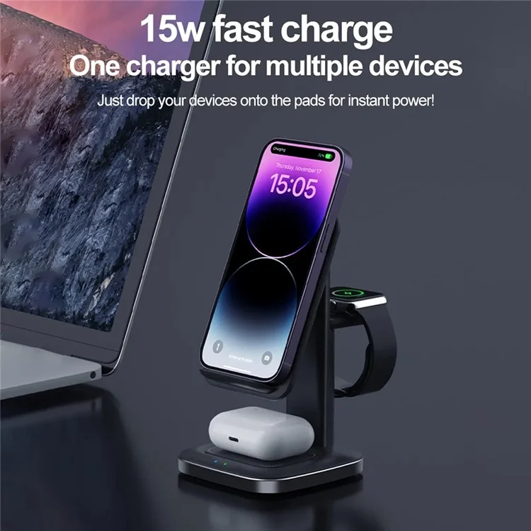 OJD-98A 3-in-1 15W Adjustable Desktop Wireless Charger Phone Watch Earphone Charging Stand