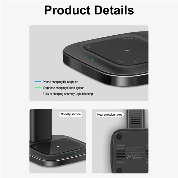 OJD-98A 3-in-1 15W Adjustable Desktop Wireless Charger Phone Watch Earphone Charging Stand