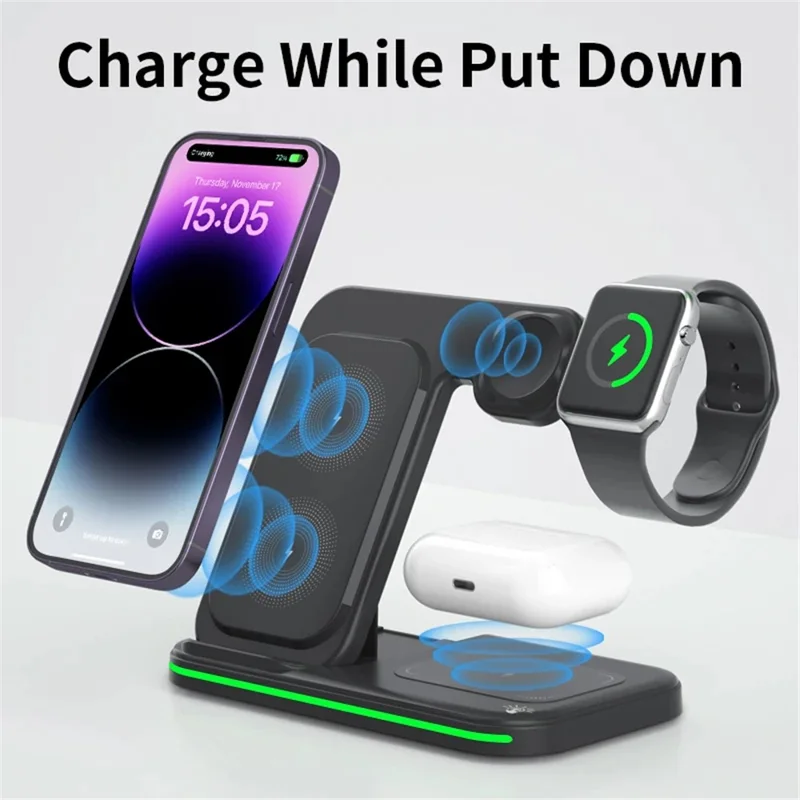 OJD-95 3-in-1 15W Foldable Wireless Charger Phone Watch Earphone Charging Stand with Light - White