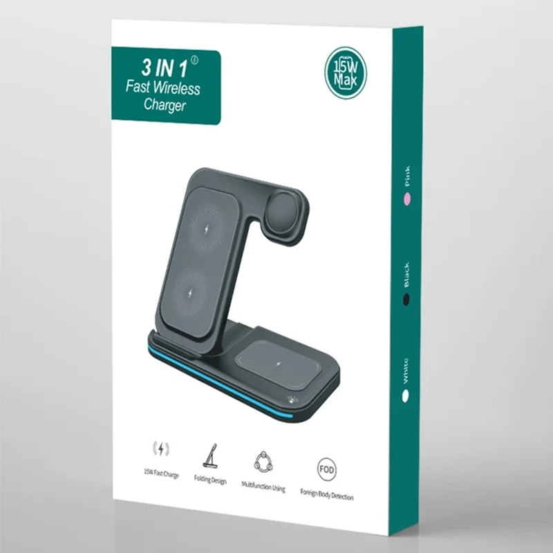 OJD-95 3-in-1 15W Foldable Wireless Charger Phone Watch Earphone Charging Stand with Light - White