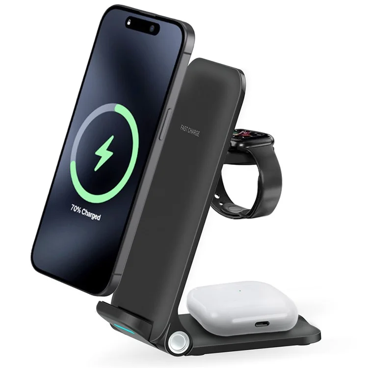 OJD-76 Caricatore Wireless 3 in 1 da 15 W per Telefono, Orologio e Auricolari - Nero