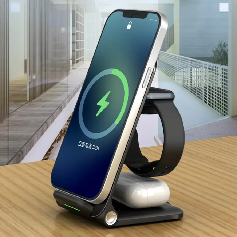 OJD-76 Caricatore Wireless 3 in 1 da 15 W per Telefono, Orologio e Auricolari - Nero