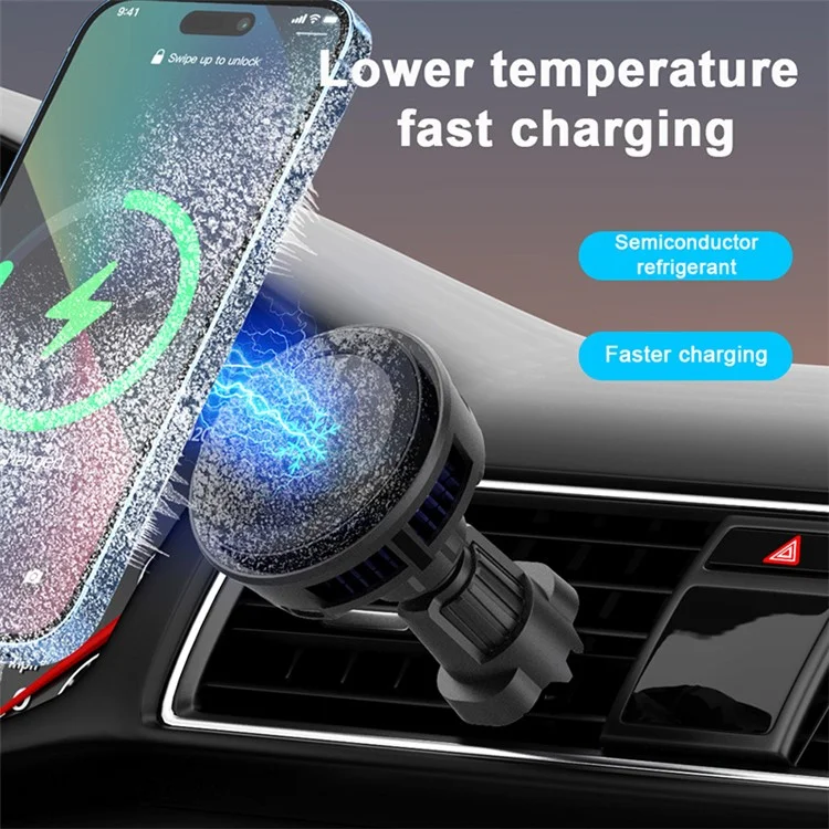 Q7 Semiconduttore di raffreddamento per auto Vent d'aria Caricatore wireless magnetico da 15 W con luce RGB