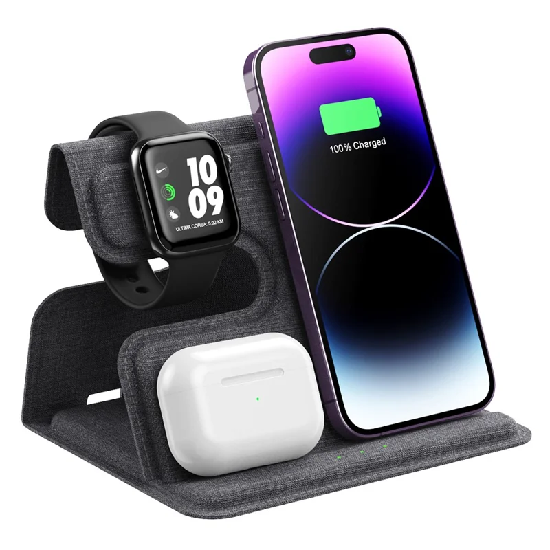 GY-17AIR 3-in-1 Carregador sem Fio de Couro PU Dobrável para Telefone, Relógio e Fone de Ouvido