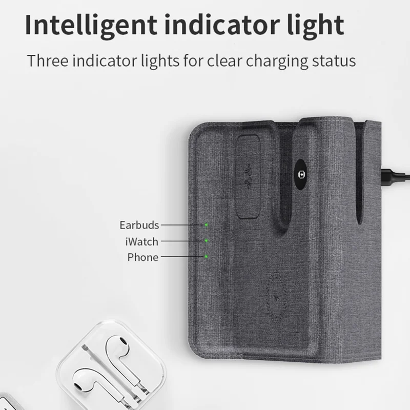 GY-17AIR 3-in-1 Carregador sem Fio de Couro PU Dobrável para Telefone, Relógio e Fone de Ouvido