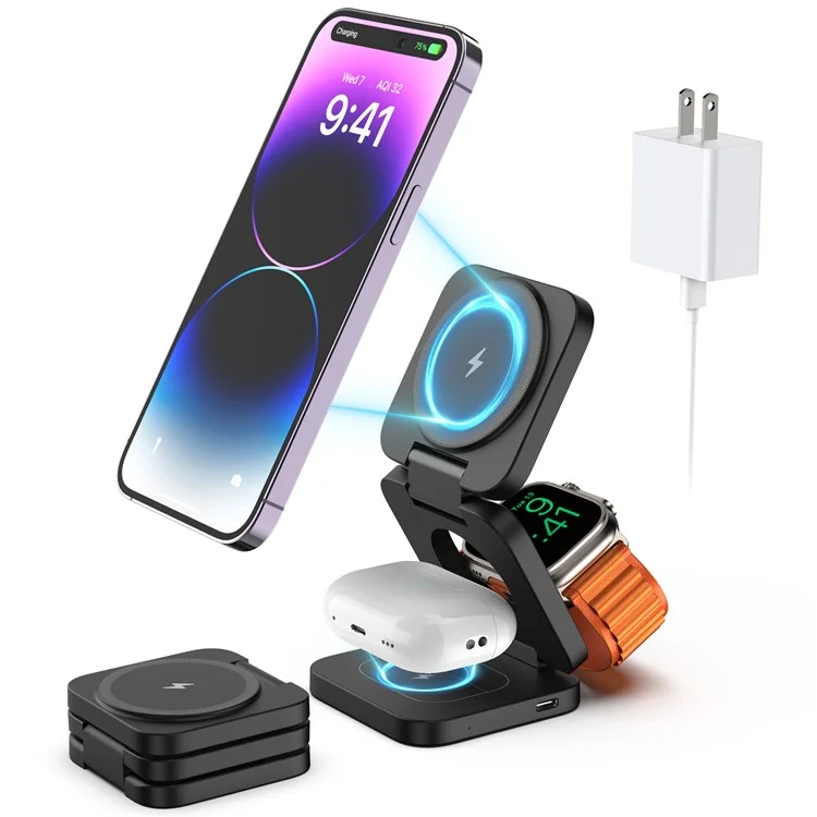 KU XIU X55 Chargeur sans fil pliable pour iPhone, chargeur sans fil magnétique pour Apple Watch AirPods - Noir