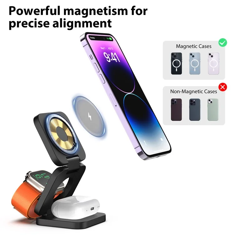 KU XIU X55 Chargeur sans fil pliable pour iPhone, chargeur sans fil magnétique pour Apple Watch AirPods - Noir