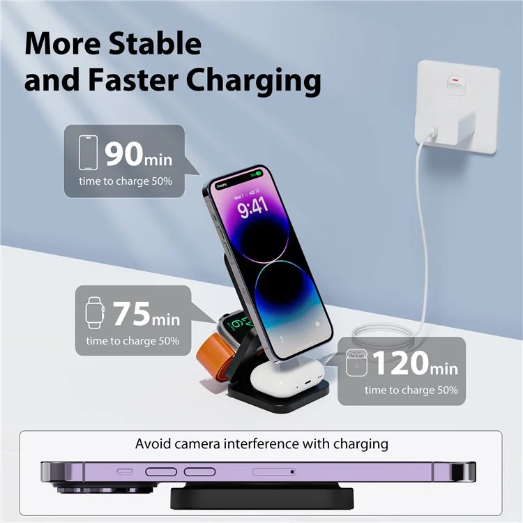 KU XIU X55 Chargeur sans fil pliable pour iPhone, chargeur sans fil magnétique pour Apple Watch AirPods - Noir