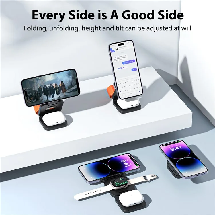 KU XIU X55 Chargeur sans fil pliable pour iPhone, chargeur sans fil magnétique pour Apple Watch AirPods - Noir
